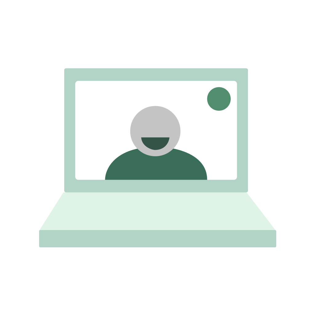An illustration of a laptop with a person speaking on video.